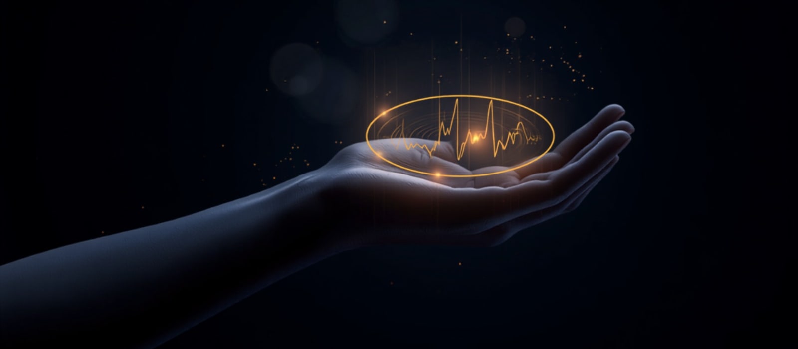 Hình bàn tay với vòng quét hologram và sóng điện tim vàng nổi phía trên, minh hoạ việc đo nhịp tim