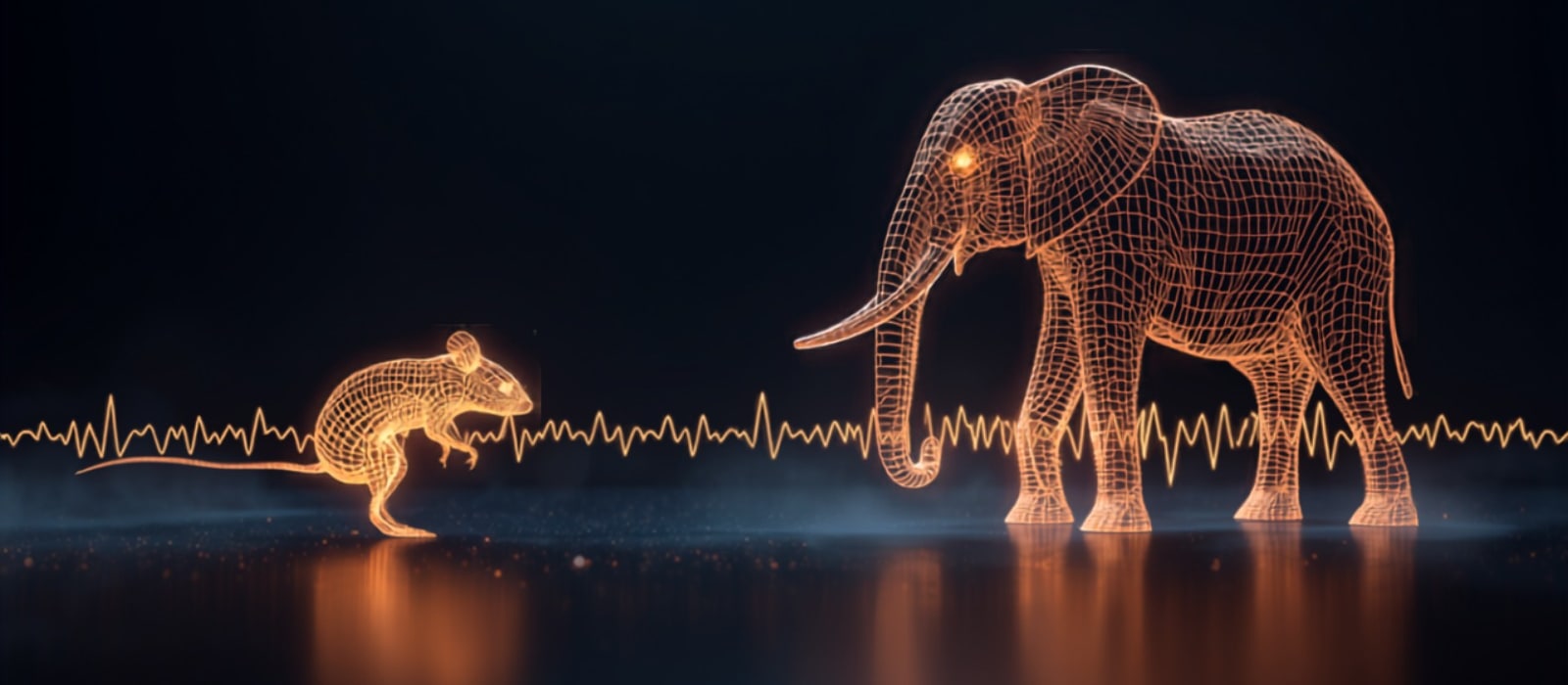 Hình hologram chuột và voi dạng lưới phát sáng, sóng nhịp dày ở chuột và thưa ở voi